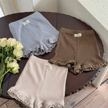ハーフパンツ・ショートパンツ キッズパンツ ガールズ無地リブショートパンツ 幼児用フリルレース付きスキニーパンツ