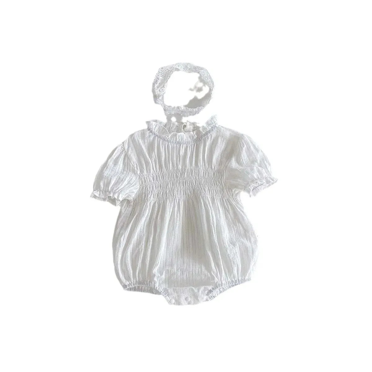 半袖ロンパース ベビーロンパース 半袖パフスリーブボディスーツ ヘアバンドセット ホワイト/フラワー花柄プリント