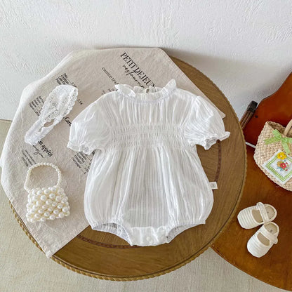 半袖ロンパース ベビーロンパース 半袖パフスリーブボディスーツ ヘアバンドセット ホワイト/フラワー花柄プリント