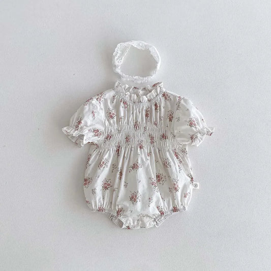 半袖ロンパース ベビーロンパース 半袖パフスリーブボディスーツ ヘアバンドセット ホワイト/フラワー花柄プリント