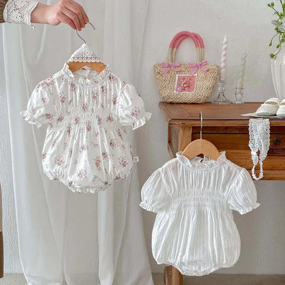 半袖ロンパース ベビーロンパース 半袖パフスリーブボディスーツ ヘアバンドセット ホワイト/フラワー花柄プリント