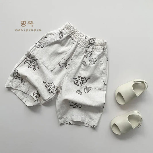 ハーフパンツ・ショートパンツ キッズパンツ ショートパンツ 薄手 マッシュルームリーフ ボタニカルプリント