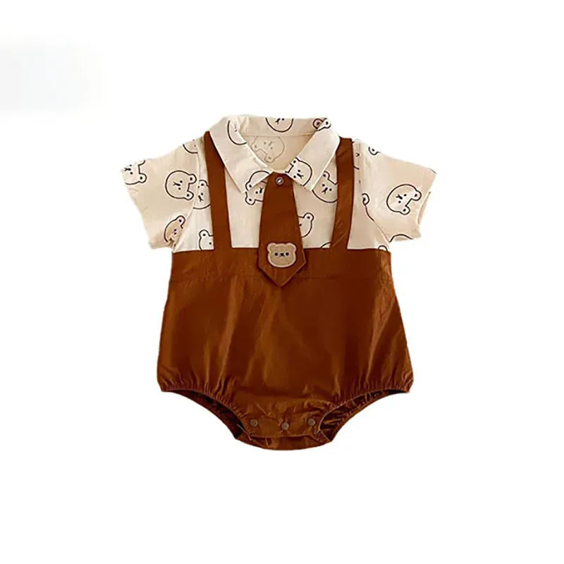 半袖ロンパース ベビーロンパース 半袖ドッキングボディスーツ ネクタイ ベアくまプリント