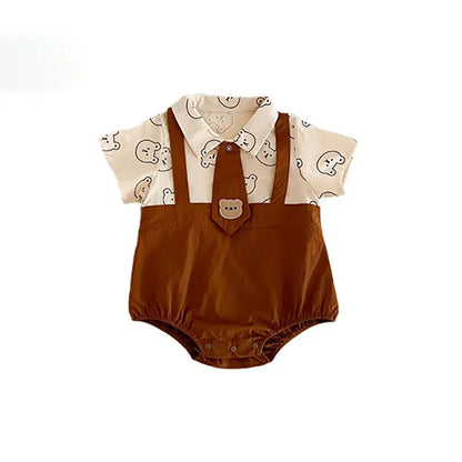 半袖ロンパース ベビーロンパース 半袖ドッキングボディスーツ ネクタイ ベアくまプリント