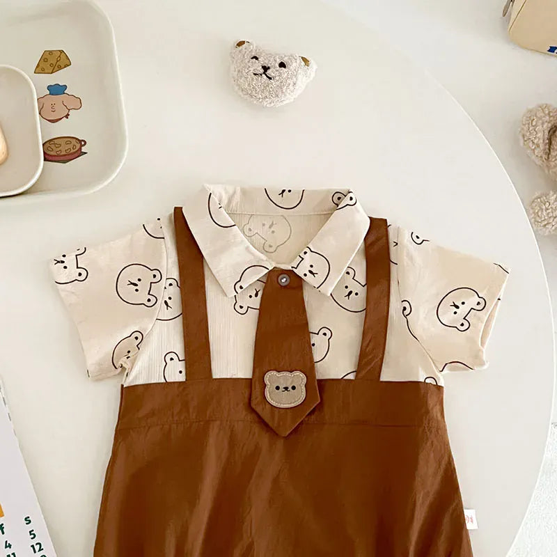 半袖ロンパース ベビーロンパース 半袖ドッキングボディスーツ ネクタイ ベアくまプリント