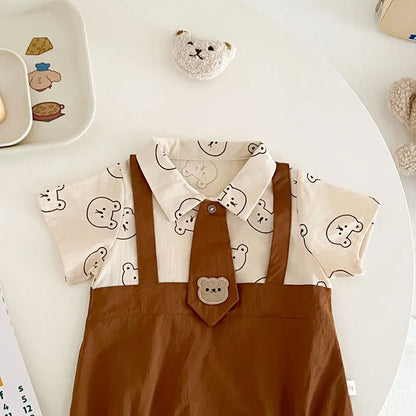 半袖ロンパース ベビーロンパース 半袖ドッキングボディスーツ ネクタイ ベアくまプリント