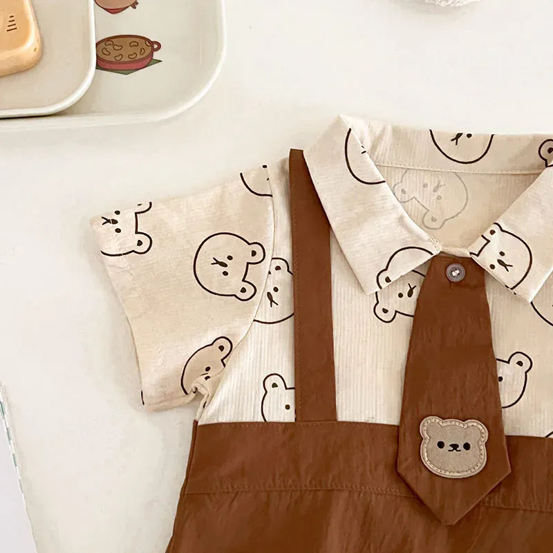 半袖ロンパース ベビーロンパース 半袖ドッキングボディスーツ ネクタイ ベアくまプリント