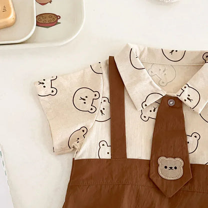 半袖ロンパース ベビーロンパース 半袖ドッキングボディスーツ ネクタイ ベアくまプリント