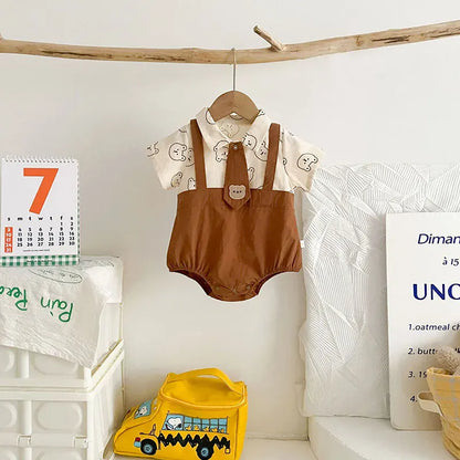 半袖ロンパース ベビーロンパース 半袖ドッキングボディスーツ ネクタイ ベアくまプリント