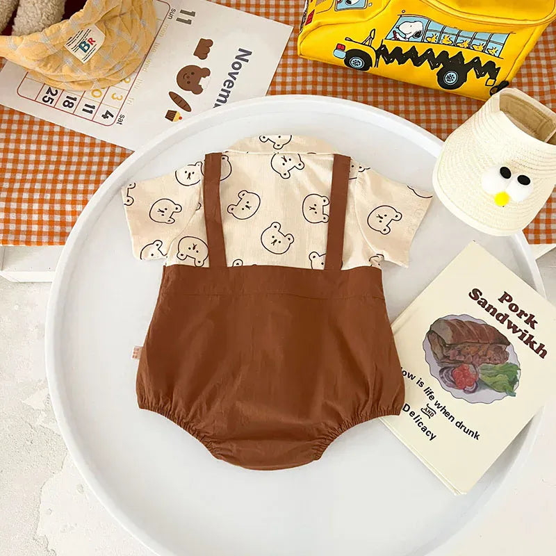 半袖ロンパース ベビーロンパース 半袖ドッキングボディスーツ ネクタイ ベアくまプリント