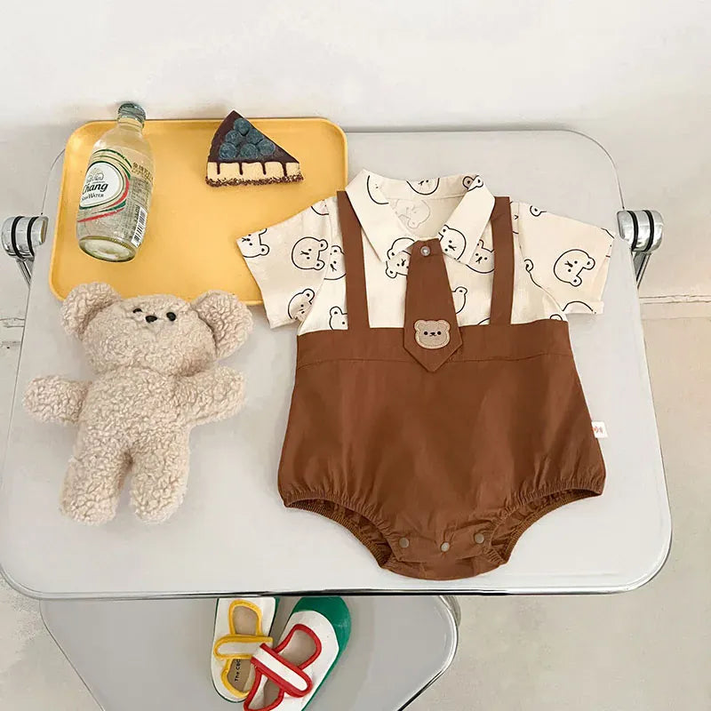 半袖ロンパース ベビーロンパース 半袖ドッキングボディスーツ ネクタイ ベアくまプリント