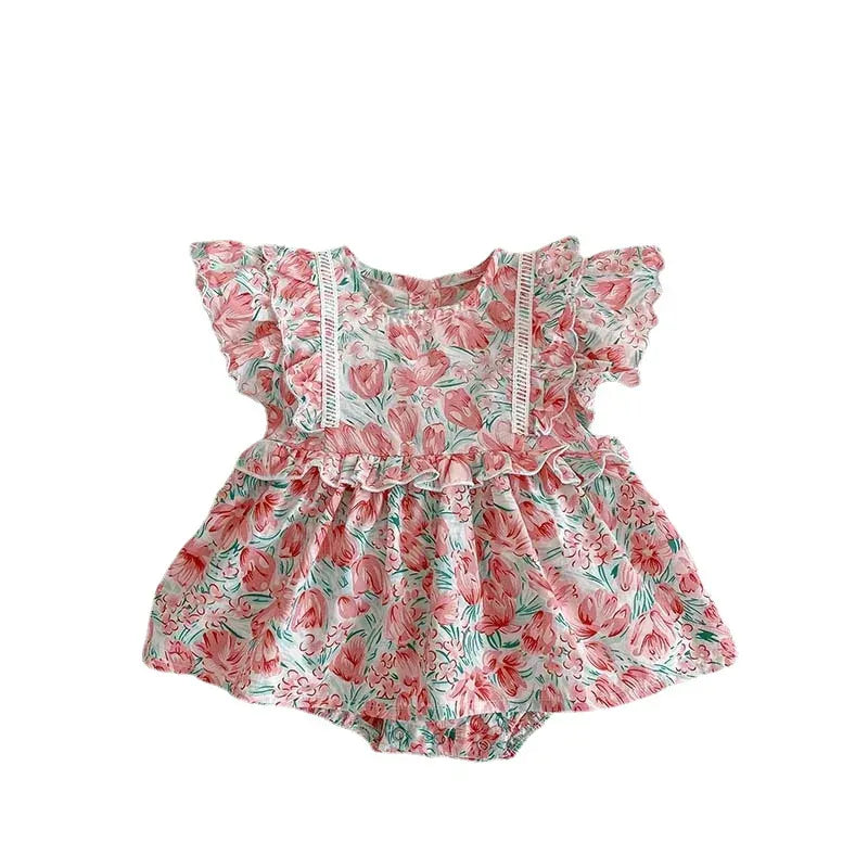 半袖ロンパース ベビーロンパース 半袖フリルスカートボディスーツ フラワー花柄プリント