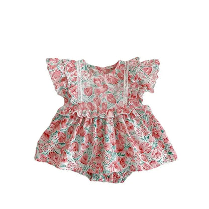 半袖ロンパース ベビーロンパース 半袖フリルスカートボディスーツ フラワー花柄プリント