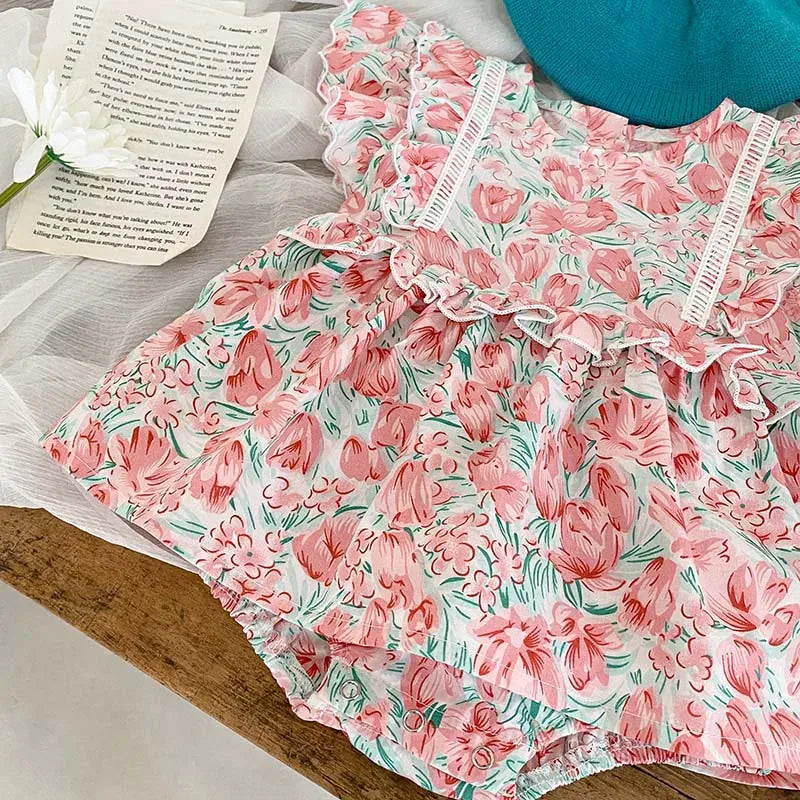 半袖ロンパース ベビーロンパース 半袖フリルスカートボディスーツ フラワー花柄プリント