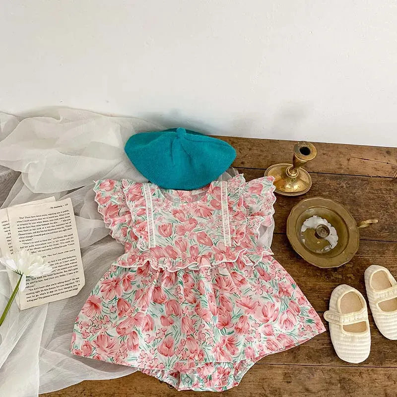 半袖ロンパース ベビーロンパース 半袖フリルスカートボディスーツ フラワー花柄プリント