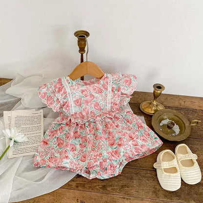 半袖ロンパース ベビーロンパース 半袖フリルスカートボディスーツ フラワー花柄プリント