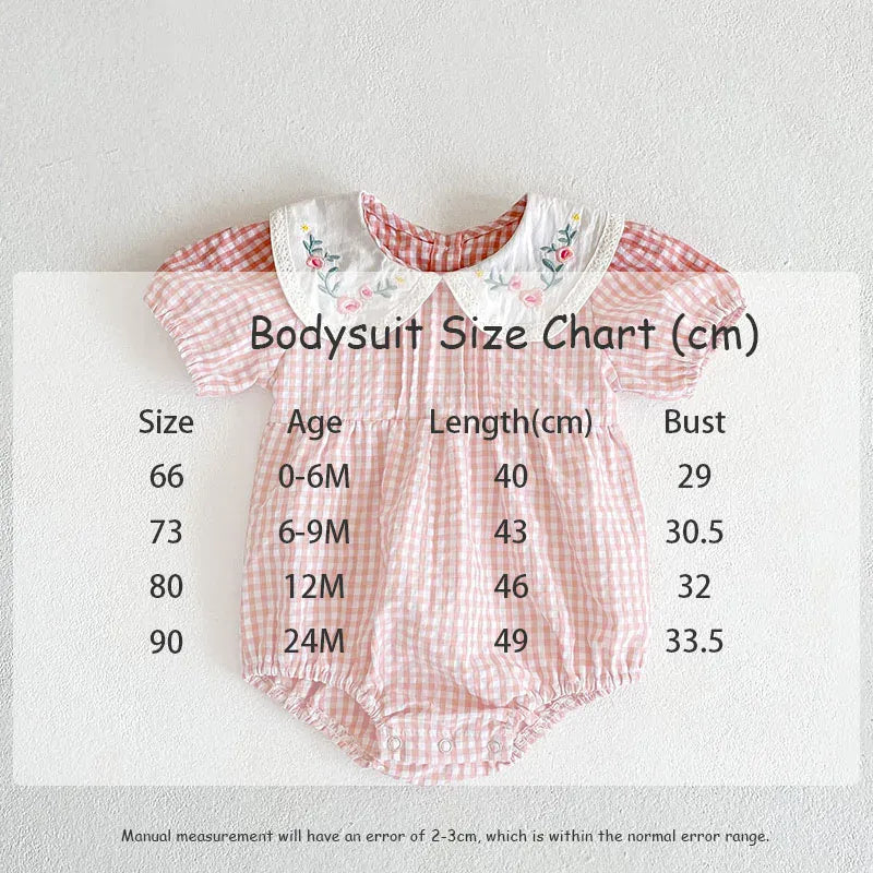 半袖ロンパース ☺︎ ベビーロンパース/キッズワンピース 半袖パフスリーブ チェック フラワー花柄刺繍 リンクコーデ 姉妹 お揃いコーデ
