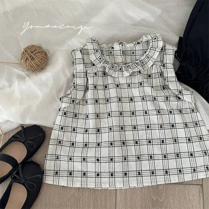 タンクトップ・キャミソール・ノースリーブトップス キッズトップス フリル襟 ノースリーブブラウス チェック