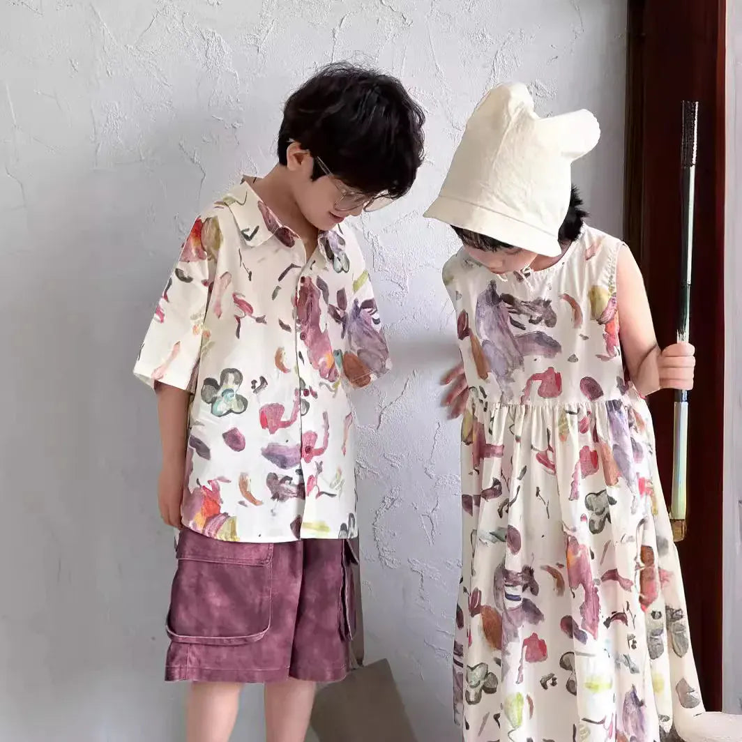 半袖セットアップ キッズトップス/ワンピース ボーイズ半袖シャツ/ガールズノースリーブワンピース プリント柄 リンクコーデ 兄弟姉妹 お揃いコーデ