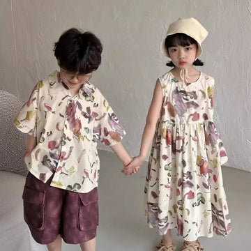 半袖セットアップ キッズトップス/ワンピース ボーイズ半袖シャツ/ガールズノースリーブワンピース プリント柄 リンクコーデ 兄弟姉妹 お揃いコーデ