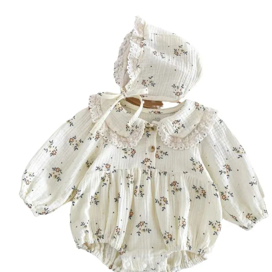 長袖ロンパース ベビーロンパース 長袖ボディスーツ レース フラワー花柄プリント ボンネット帽子セット ベージュ