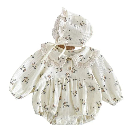 長袖ロンパース ベビーロンパース 長袖ボディスーツ レース フラワー花柄プリント ボンネット帽子セット ベージュ