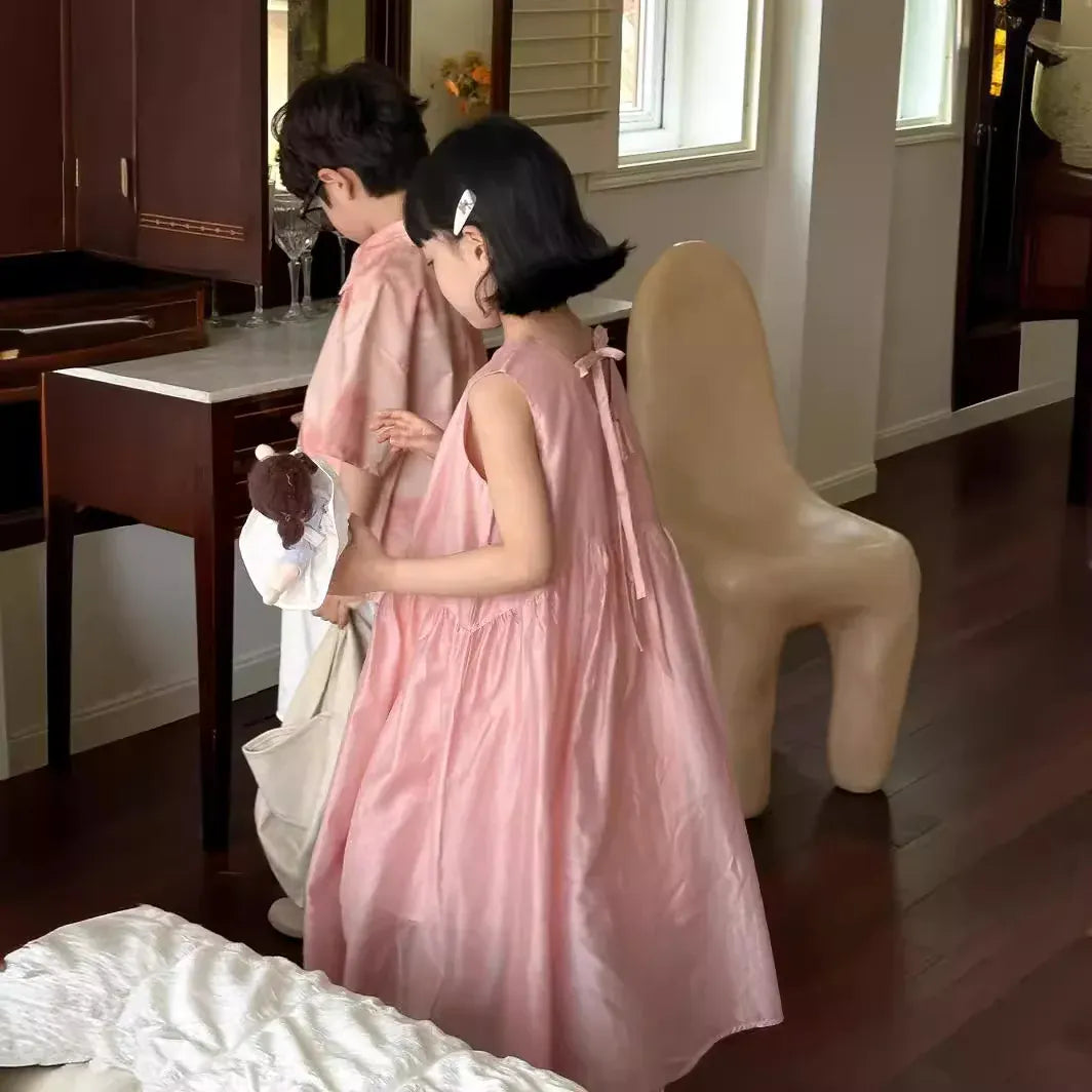 半袖セットアップ キッズトップス/パンツ/ワンピース 半袖シャツ/ショートパンツ/ノースリーブワンピース タイダイピンク リンクコーデ 兄弟姉妹 お揃いコーデ