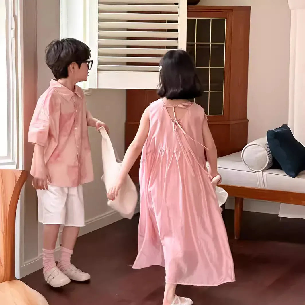 半袖セットアップ キッズトップス/パンツ/ワンピース 半袖シャツ/ショートパンツ/ノースリーブワンピース タイダイピンク リンクコーデ 兄弟姉妹 お揃いコーデ