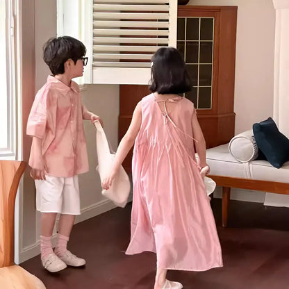 半袖セットアップ キッズトップス/パンツ/ワンピース 半袖シャツ/ショートパンツ/ノースリーブワンピース タイダイピンク リンクコーデ 兄弟姉妹 お揃いコーデ