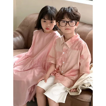 半袖セットアップ キッズトップス/パンツ/ワンピース 半袖シャツ/ショートパンツ/ノースリーブワンピース タイダイピンク リンクコーデ 兄弟姉妹 お揃いコーデ