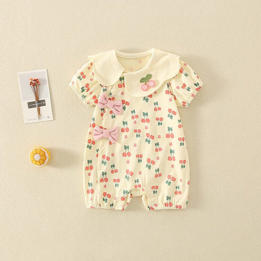 半袖ロンパース ベビーロンパース 半袖ジャンプスーツ チェリーさくらんぼプリント