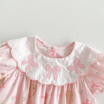 半袖ロンパース ☺︎ ベビーロンパース 半袖ボディスーツ リボン刺繍 ピンク