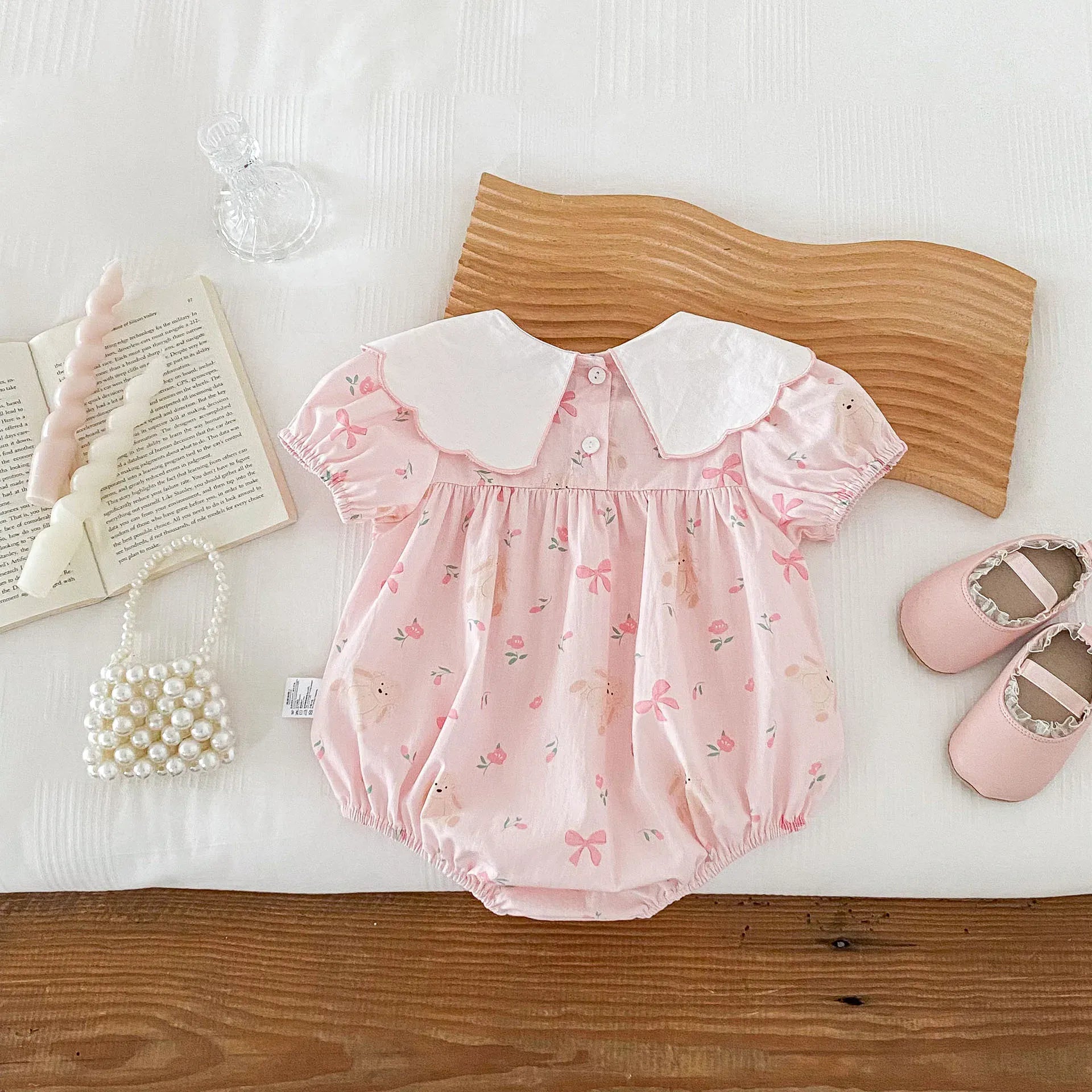 半袖ロンパース ☺︎ ベビーロンパース 半袖ボディスーツ リボン刺繍 ピンク