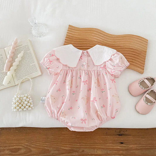 半袖ロンパース ☺︎ ベビーロンパース 半袖ボディスーツ リボン刺繍 ピンク