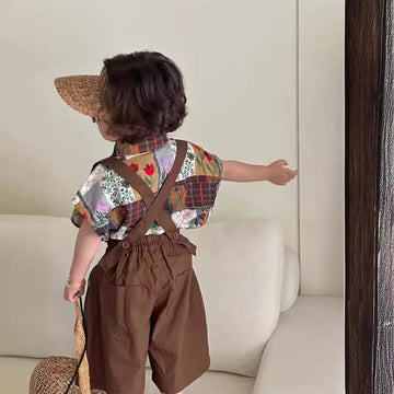 半袖シャツ・ブラウス キッズトップス/ストラップパンツ 半袖パッチワークシャツ/サスペンダーショートパンツ