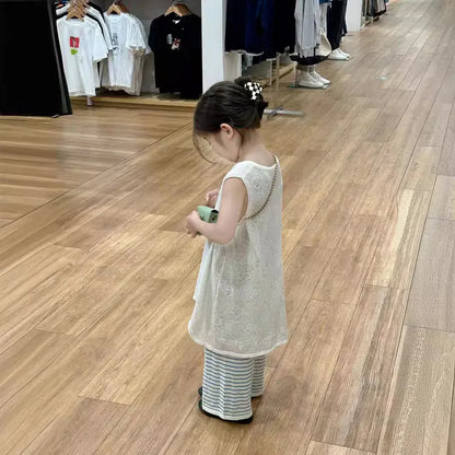 ノースリーブワンピース キッズワンピース ノースリーブ ニットメッシュネット 重ね着 オーバーワンピース ベージュ