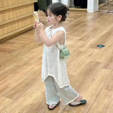 ノースリーブワンピース キッズワンピース ノースリーブ ニットメッシュネット 重ね着 オーバーワンピース ベージュ