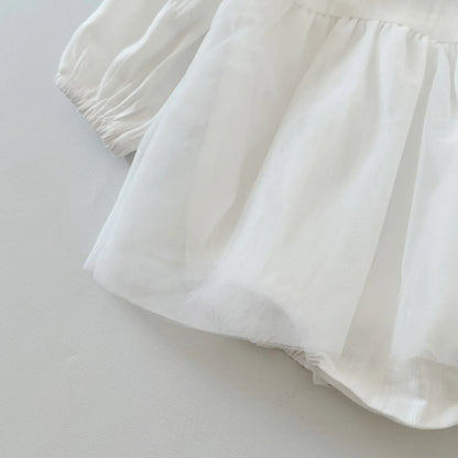 長袖ロンパース ベビーロンパース 長袖スカートボディスーツ レース スワンワンポイント ホワイト