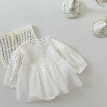 長袖ロンパース ベビーロンパース 長袖スカートボディスーツ レース スワンワンポイント ホワイト