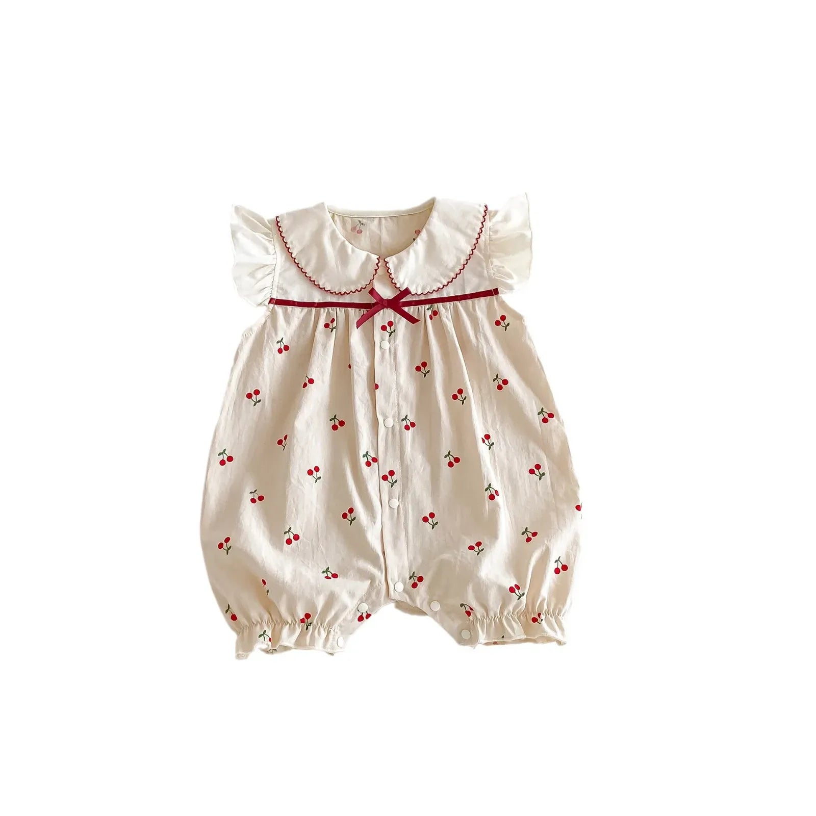 半袖ロンパース ベビーロンパース 半袖ジャンプスーツ チェリーさくらんぼプリント フリル