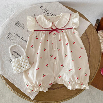 半袖ロンパース ベビーロンパース 半袖ジャンプスーツ チェリーさくらんぼプリント フリル
