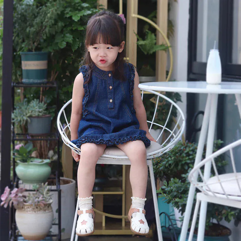 ノースリーブワンピース ☺︎ キッズワンピース デニム ラッフルフリル ノースリーブワンピース
