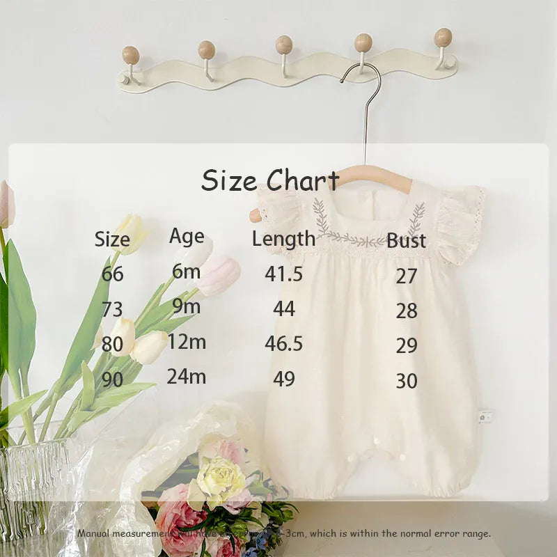 半袖ジャンプスーツ ベビージャンプスーツ 半袖フリルスリーブ つなぎ フラワー花柄刺繍 ベージュ