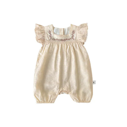 半袖ジャンプスーツ ベビージャンプスーツ 半袖フリルスリーブ つなぎ フラワー花柄刺繍 ベージュ