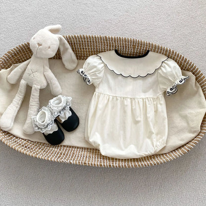 半袖ロンパース ☺︎ ベビーロンパース 半袖ボディスーツ レース刺繍フリルリボン