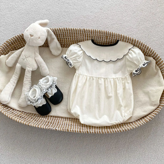 半袖ロンパース ☺︎ ベビーロンパース 半袖ボディスーツ レース刺繍フリルリボン