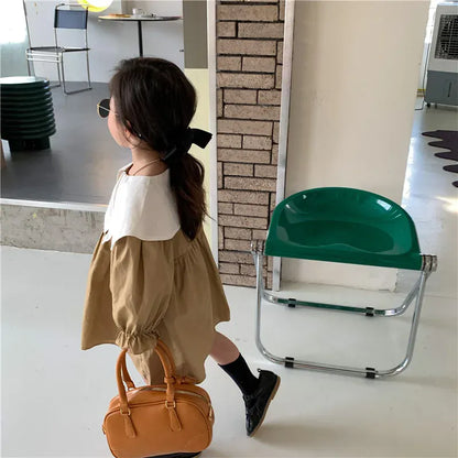 長袖ワンピース キッズワンピース 長袖変わり襟ワンピース カーキ