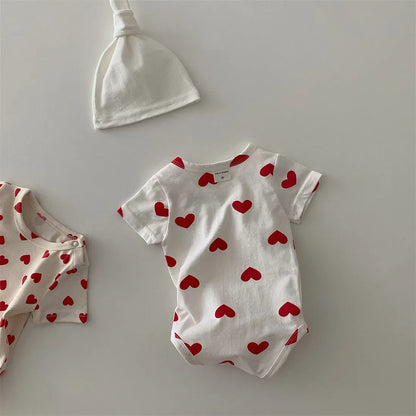 半袖ロンパース ベビーロンパース 半袖ボディスーツ ハートプリント