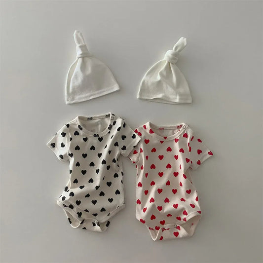 半袖ロンパース ベビーロンパース 半袖ボディスーツ ハートプリント