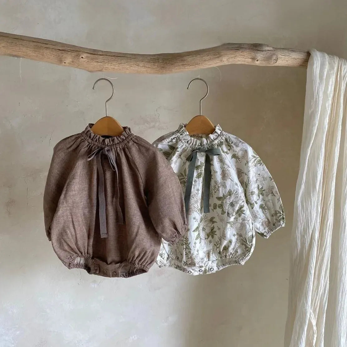 長袖ロンパース ベビーロンパース 長袖スタンドフリルカラーボディスーツ リボン リーフボタニカルプリント/無地